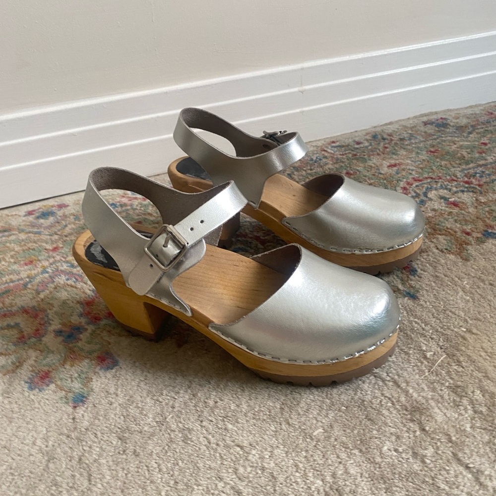 MIA Silver Platform Clogs with Wooden Heel